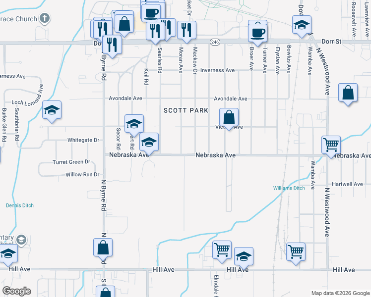 map of restaurants, bars, coffee shops, grocery stores, and more near 612 Moran Ave in Toledo