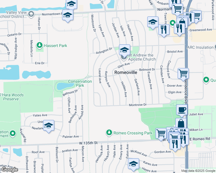 map of restaurants, bars, coffee shops, grocery stores, and more near 424 Kenyon Avenue in Romeoville
