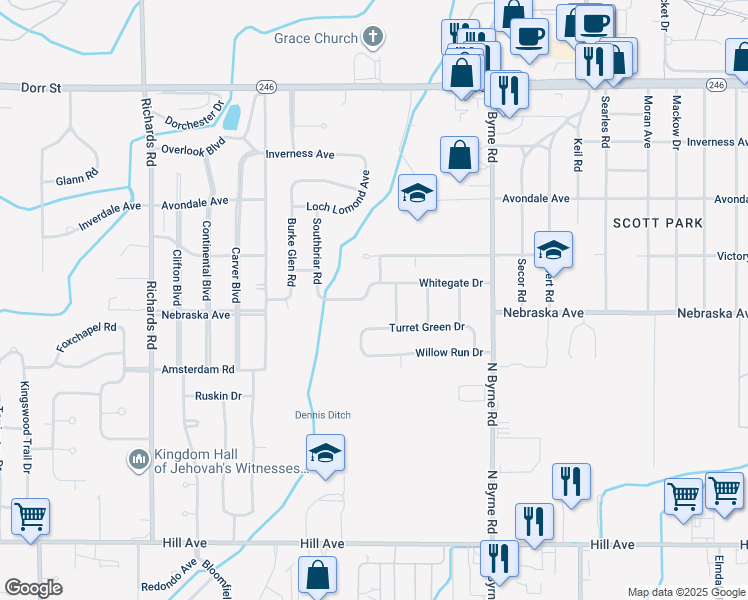 map of restaurants, bars, coffee shops, grocery stores, and more near 3719 Whitegate Drive in Toledo