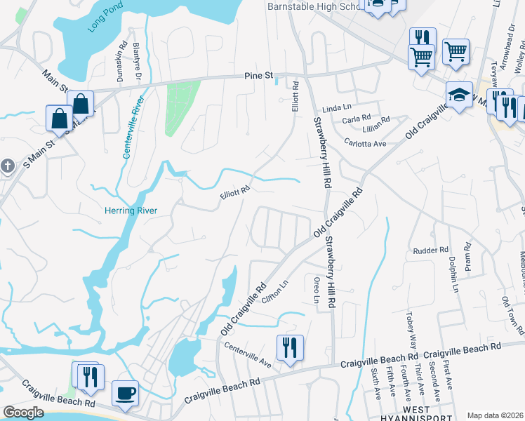 map of restaurants, bars, coffee shops, grocery stores, and more near 124 Harbor Hills Road in Barnstable