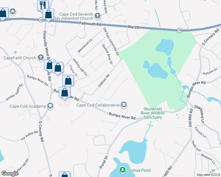 map of restaurants, bars, coffee shops, grocery stores, and more near 95 Acorn Drive in Barnstable