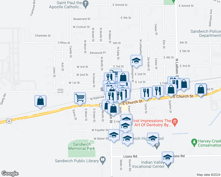 map of restaurants, bars, coffee shops, grocery stores, and more near 7 North Main Street in Sandwich