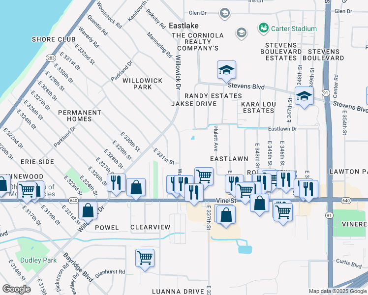 map of restaurants, bars, coffee shops, grocery stores, and more near 1277 Waverly Road in Eastlake