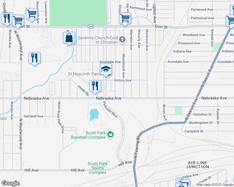map of restaurants, bars, coffee shops, grocery stores, and more near 614 Evesham Avenue in Toledo