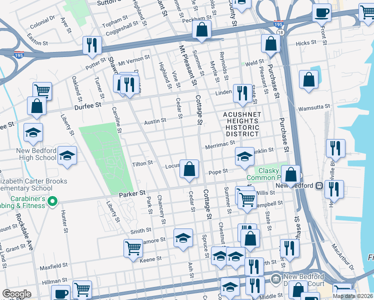 map of restaurants, bars, coffee shops, grocery stores, and more near 332 Cedar Street in New Bedford