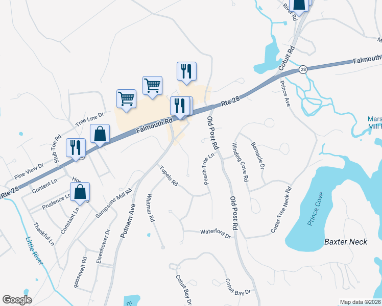 map of restaurants, bars, coffee shops, grocery stores, and more near 42 Frazier Way in Barnstable