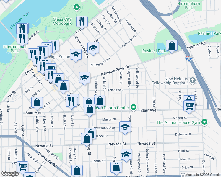 map of restaurants, bars, coffee shops, grocery stores, and more near 274 Plymouth St in Toledo
