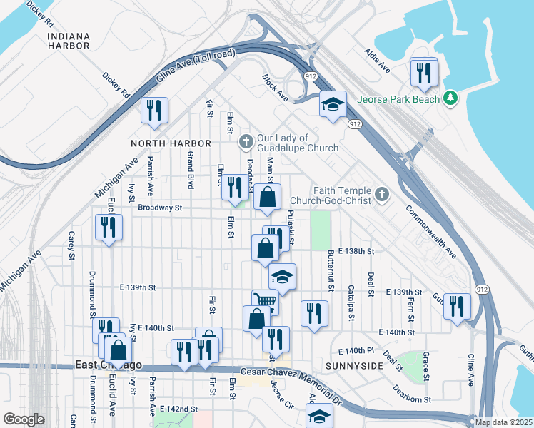map of restaurants, bars, coffee shops, grocery stores, and more near 2113 Broadway Street in East Chicago