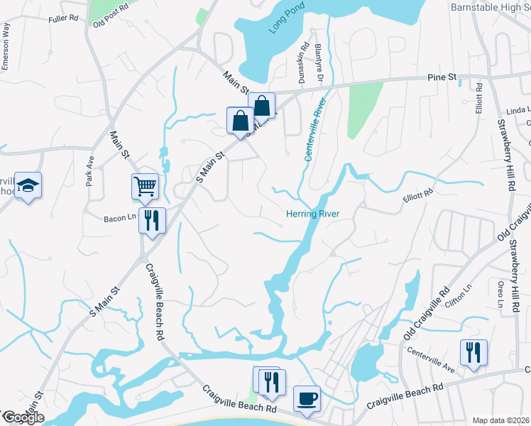 map of restaurants, bars, coffee shops, grocery stores, and more near 72 Waterside Drive in Barnstable