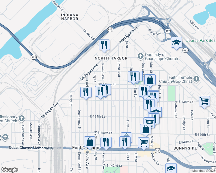 map of restaurants, bars, coffee shops, grocery stores, and more near 1613 Broadway Street in Gary