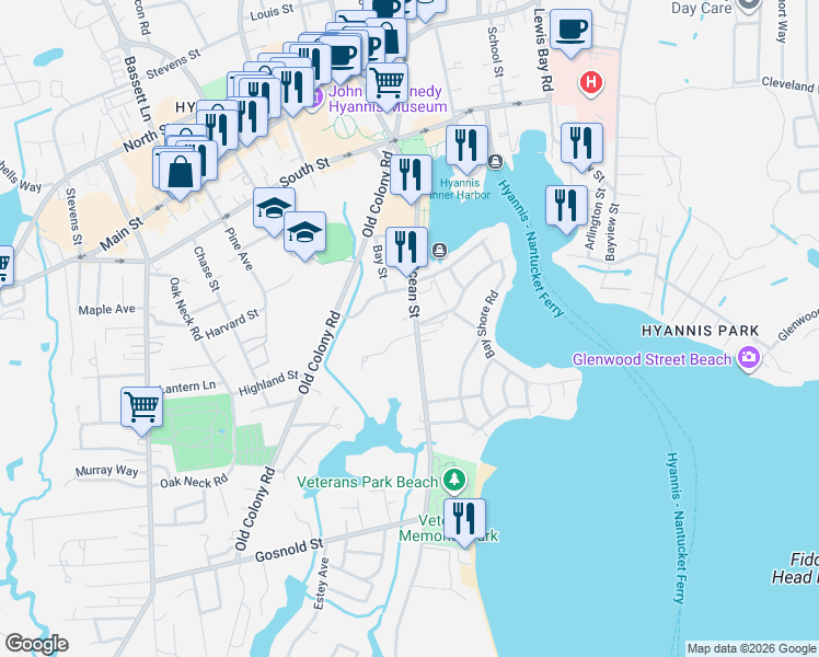 map of restaurants, bars, coffee shops, grocery stores, and more near 279 Ocean Street in Barnstable