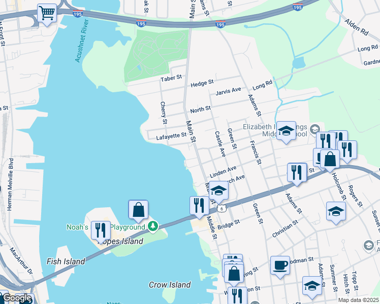 map of restaurants, bars, coffee shops, grocery stores, and more near 15R Pilgrim Avenue in Fairhaven