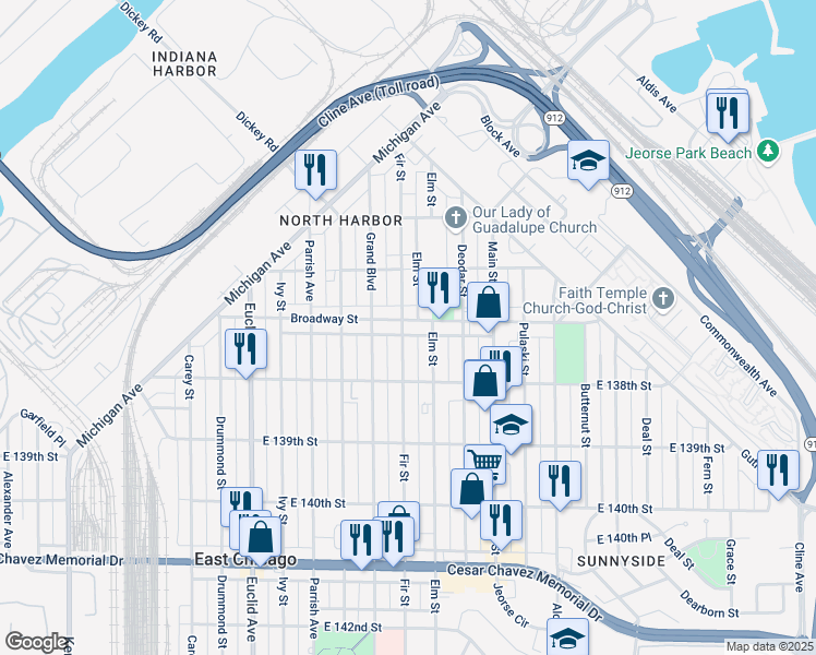 map of restaurants, bars, coffee shops, grocery stores, and more near 1901 Broadway Street in Gary