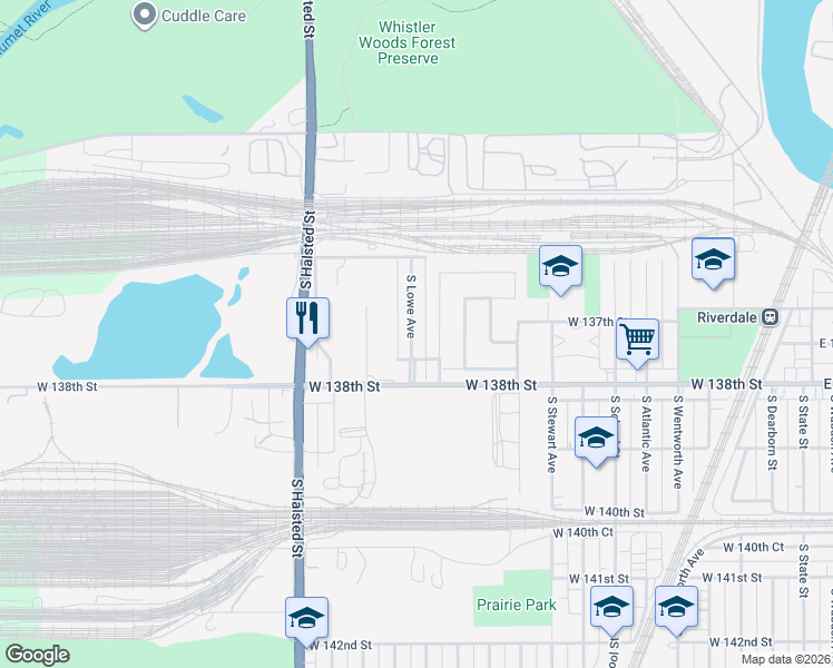 map of restaurants, bars, coffee shops, grocery stores, and more near 13712 West Pacesetter Parkway in Riverdale