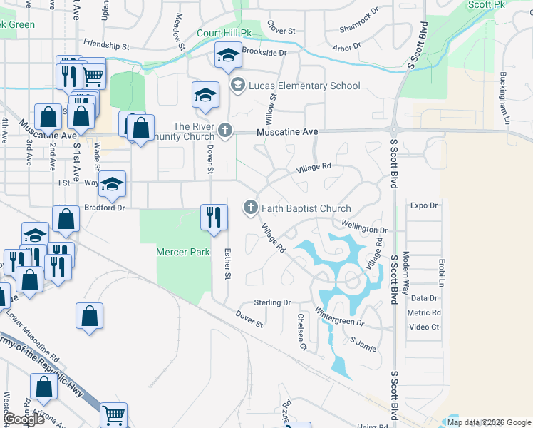 map of restaurants, bars, coffee shops, grocery stores, and more near 1220 Village Road in Iowa City