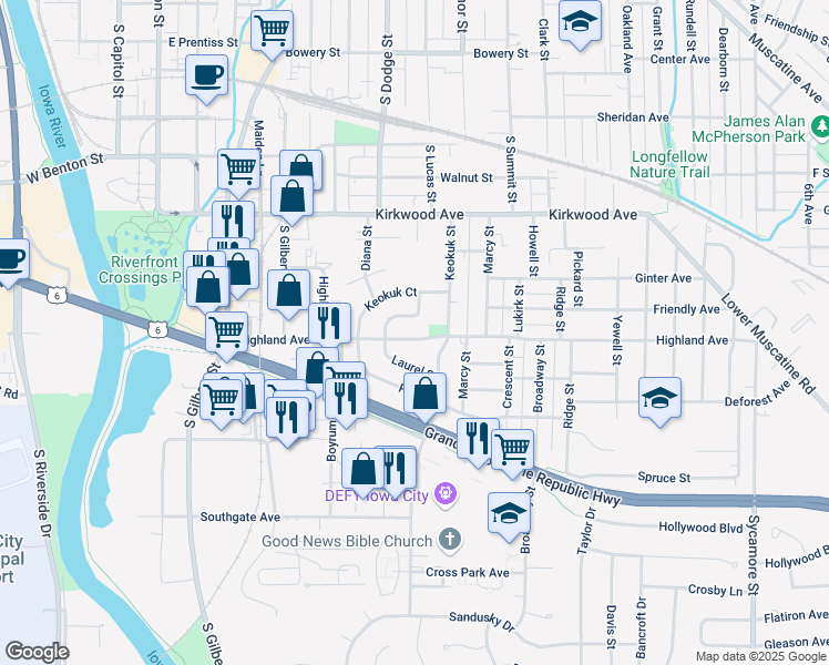 map of restaurants, bars, coffee shops, grocery stores, and more near 1338 Carroll Street in Iowa City