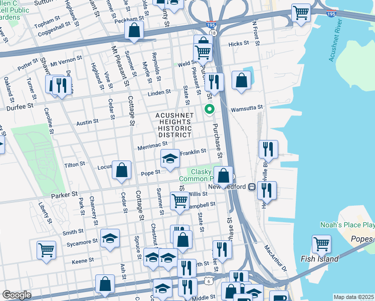 map of restaurants, bars, coffee shops, grocery stores, and more near 29 Franklin Street in New Bedford