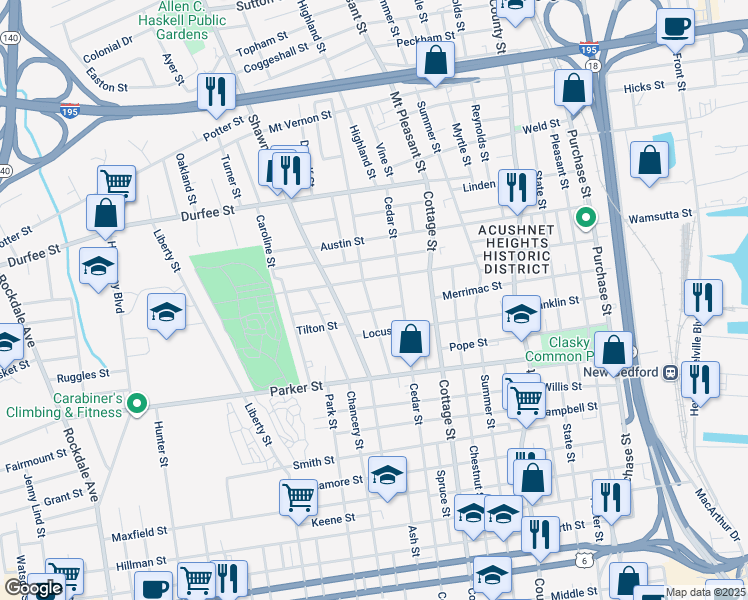 map of restaurants, bars, coffee shops, grocery stores, and more near 50 Richmond Street in New Bedford