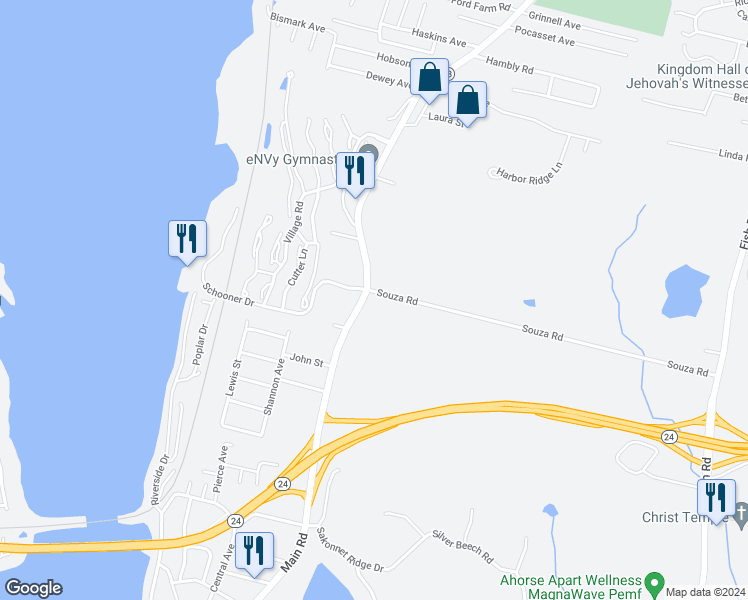 map of restaurants, bars, coffee shops, grocery stores, and more near 1082 Main Road in Tiverton