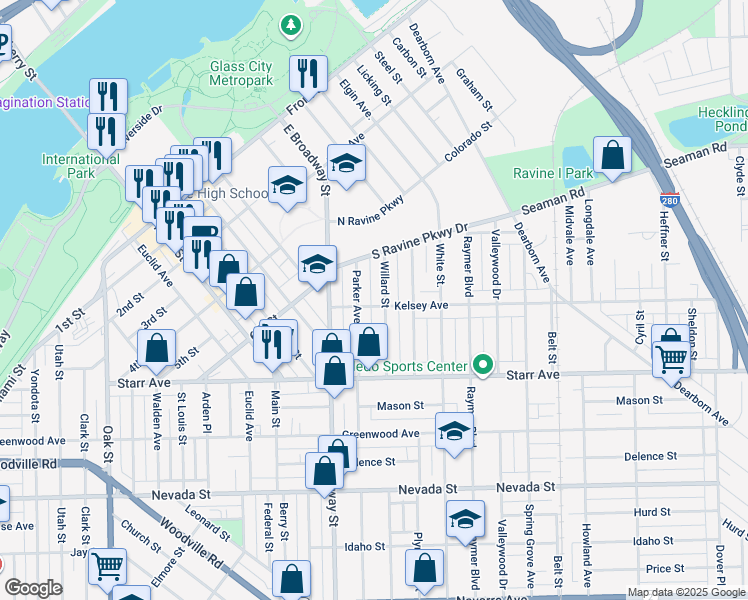 map of restaurants, bars, coffee shops, grocery stores, and more near 1117 Kelsey Ave in Toledo