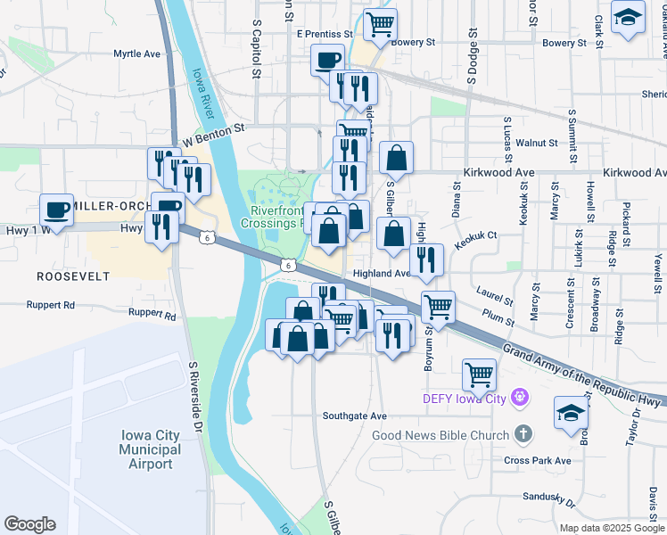 map of restaurants, bars, coffee shops, grocery stores, and more near 1305 South Gilbert Street in Iowa City