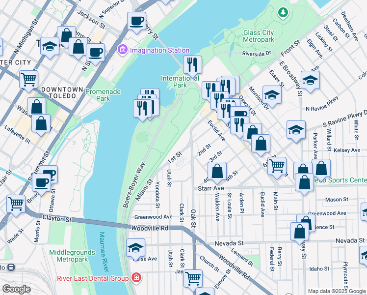 map of restaurants, bars, coffee shops, grocery stores, and more near 332-368 1st St in Toledo