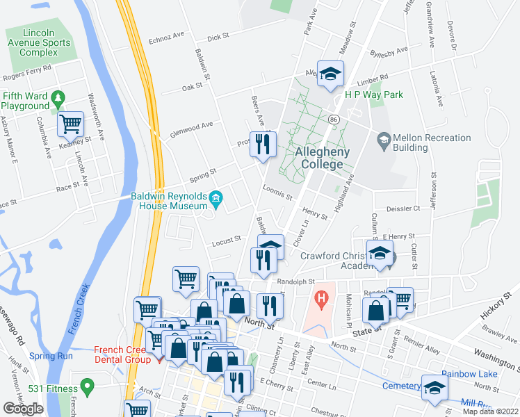 map of restaurants, bars, coffee shops, grocery stores, and more near 38882 Park Avenue in Meadville