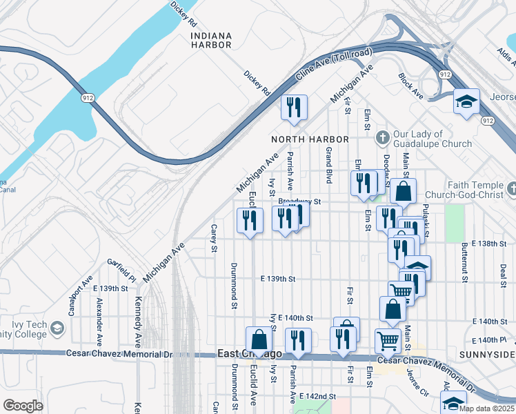 map of restaurants, bars, coffee shops, grocery stores, and more near 3703 Euclid Avenue in East Chicago