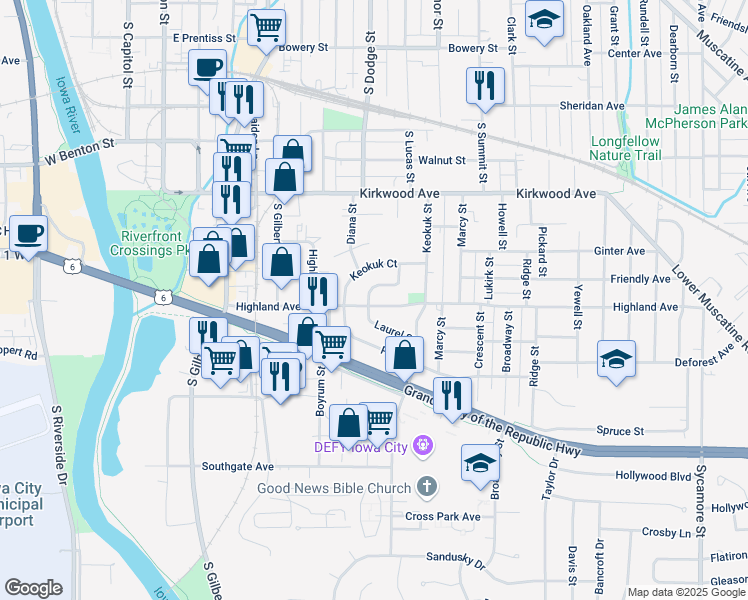 map of restaurants, bars, coffee shops, grocery stores, and more near 1338 Carroll Street in Iowa City