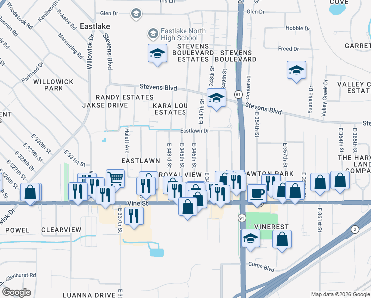 map of restaurants, bars, coffee shops, grocery stores, and more near 1255 East 345th Street in Eastlake