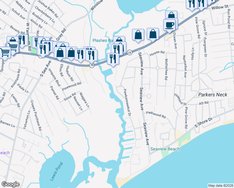 map of restaurants, bars, coffee shops, grocery stores, and more near 65 Neptune Lane in Yarmouth