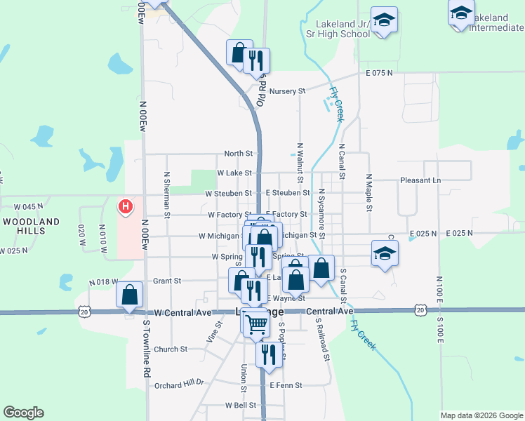 map of restaurants, bars, coffee shops, grocery stores, and more near 302 North Detroit Street in LaGrange