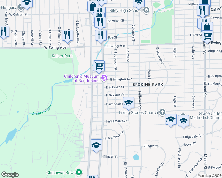 map of restaurants, bars, coffee shops, grocery stores, and more near 124 East Eckman Street in South Bend
