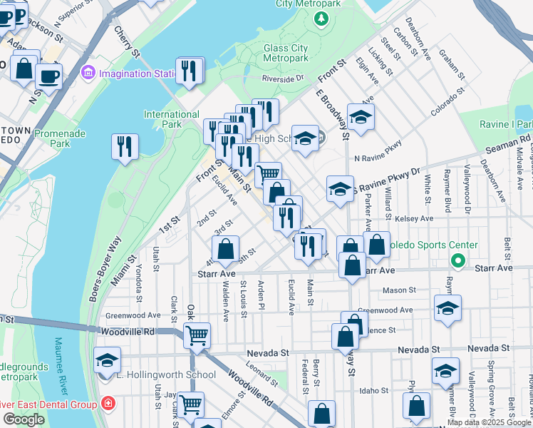 map of restaurants, bars, coffee shops, grocery stores, and more near 324 Main Street in Toledo
