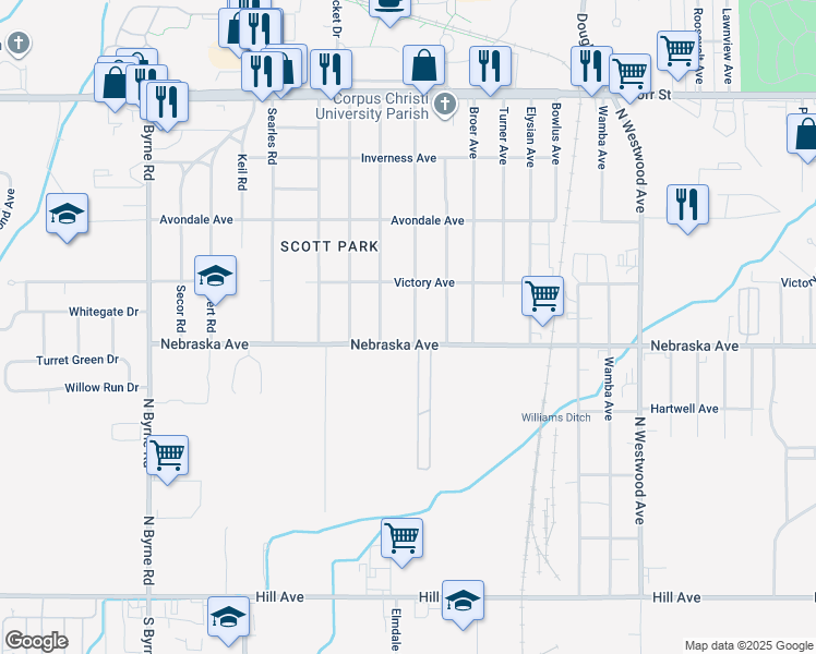 map of restaurants, bars, coffee shops, grocery stores, and more near 613 Brookley Boulevard in Toledo