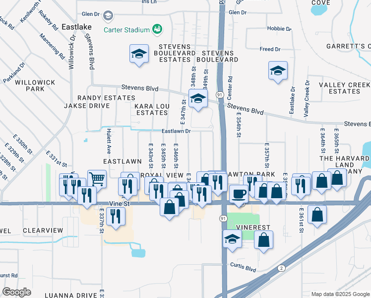 map of restaurants, bars, coffee shops, grocery stores, and more near 1250 East 348th Street in Eastlake
