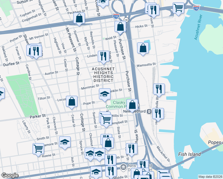 map of restaurants, bars, coffee shops, grocery stores, and more near 29 Franklin Street in New Bedford