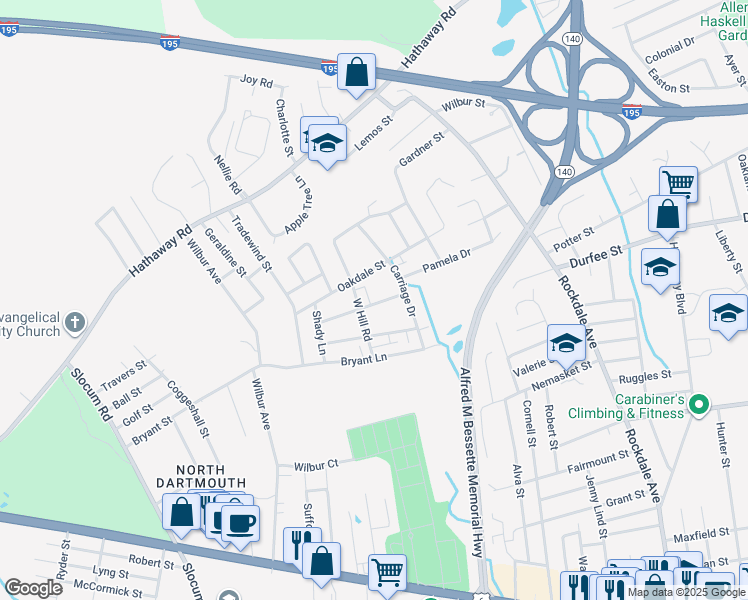 map of restaurants, bars, coffee shops, grocery stores, and more near 51 Cherry Tree Lane in New Bedford