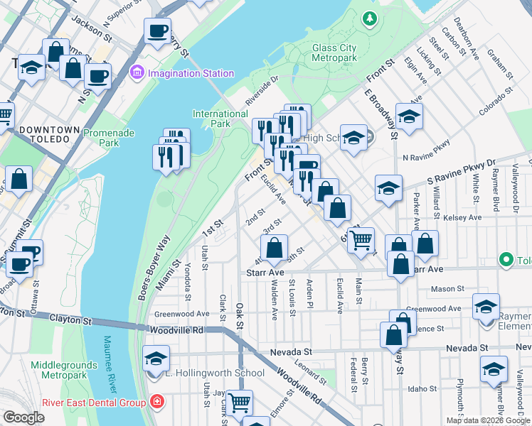 map of restaurants, bars, coffee shops, grocery stores, and more near 430 2nd Street in Toledo