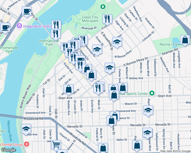 map of restaurants, bars, coffee shops, grocery stores, and more near 503 Platt Street in Toledo