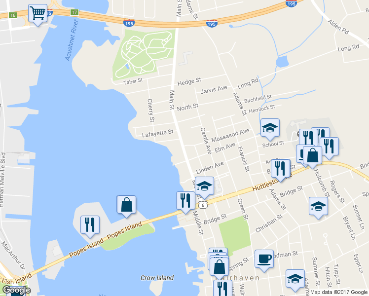 map of restaurants, bars, coffee shops, grocery stores, and more near 185 Main Street in Fairhaven