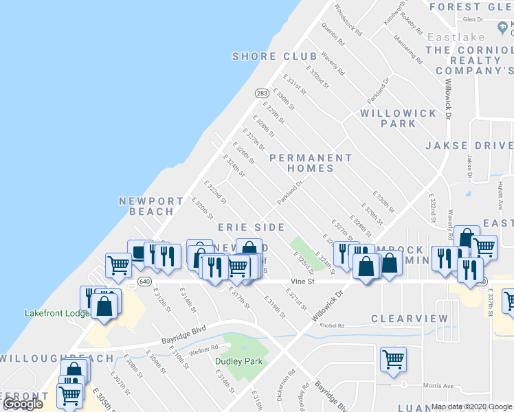map of restaurants, bars, coffee shops, grocery stores, and more near 305 East 323rd Street in Willowick