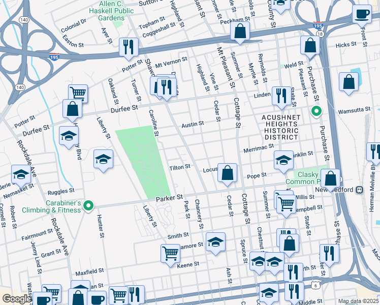 map of restaurants, bars, coffee shops, grocery stores, and more near 142 Shawmut Avenue in New Bedford