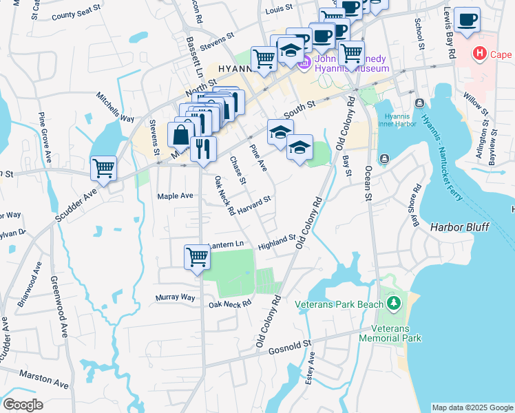 map of restaurants, bars, coffee shops, grocery stores, and more near 37 Harvard Street in Barnstable