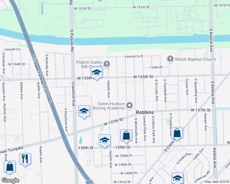 map of restaurants, bars, coffee shops, grocery stores, and more near 13526 South Ridgeway Avenue in Robbins