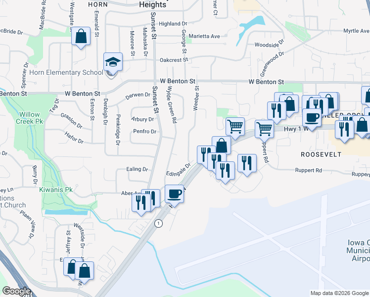 map of restaurants, bars, coffee shops, grocery stores, and more near 1113 Weeber Street in Iowa City