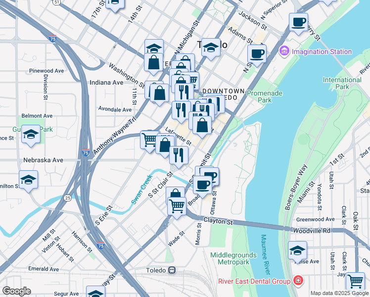 map of restaurants, bars, coffee shops, grocery stores, and more near 102 S St Clair St in Toledo