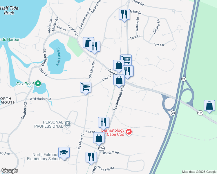 map of restaurants, bars, coffee shops, grocery stores, and more near 14 Overy Drive in Falmouth