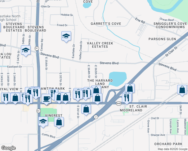 map of restaurants, bars, coffee shops, grocery stores, and more near 3819 East 365th Street in Willoughby