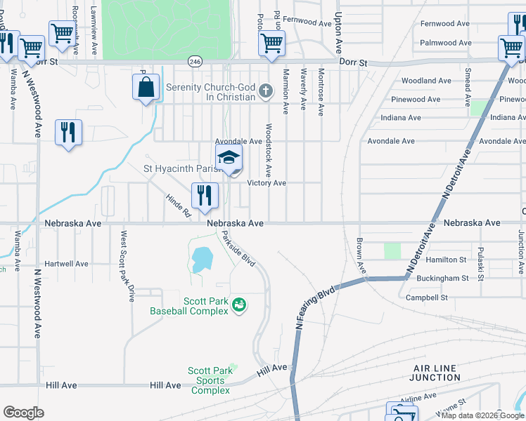 map of restaurants, bars, coffee shops, grocery stores, and more near 614 Evesham Avenue in Toledo